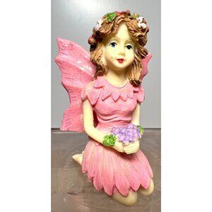 Kneeling Pink Fairy Figurine With Flower Crown & Bouquet